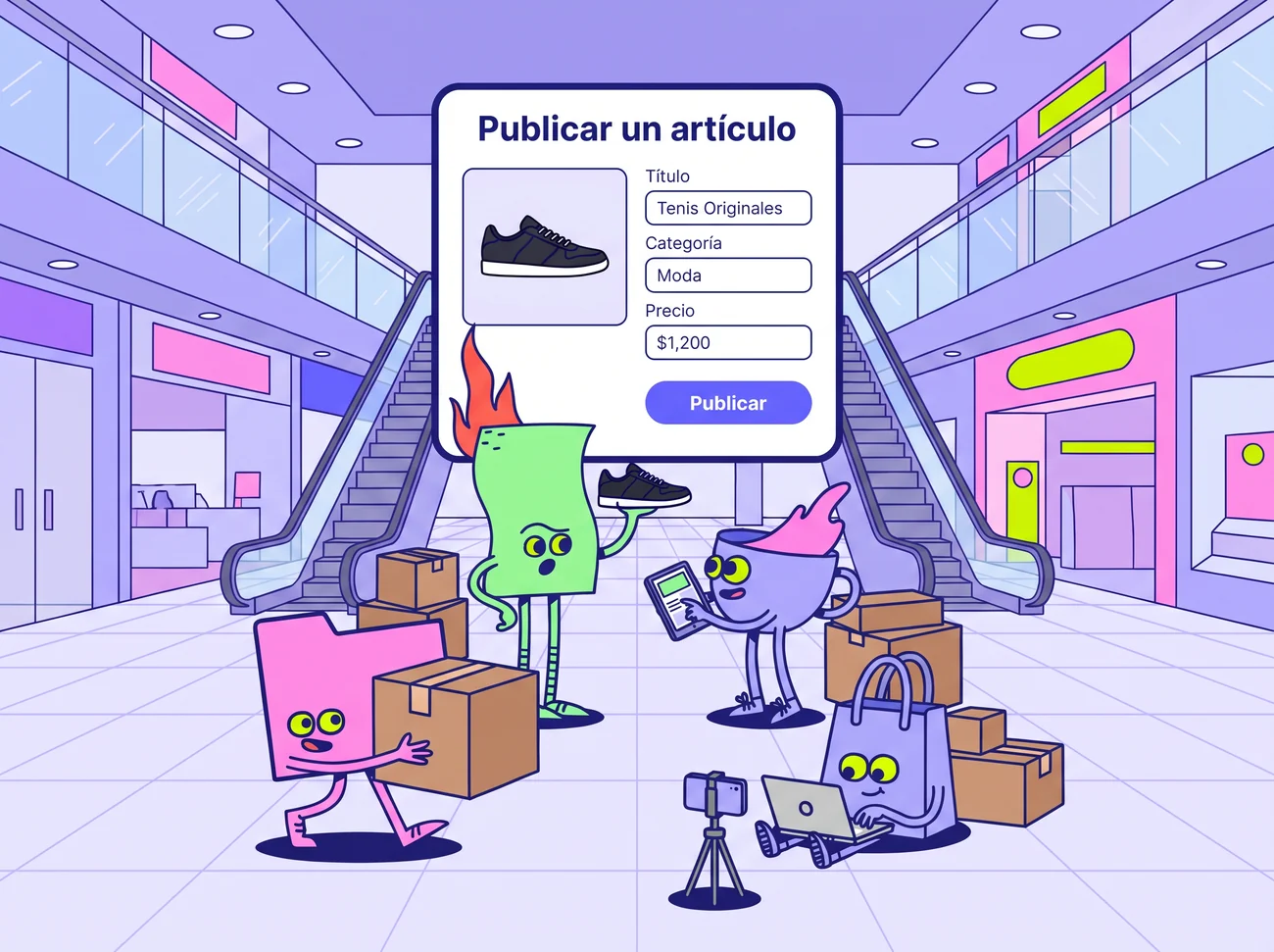 Ilustración de un negocio publicando un artículo en el Marketplace de ataskate